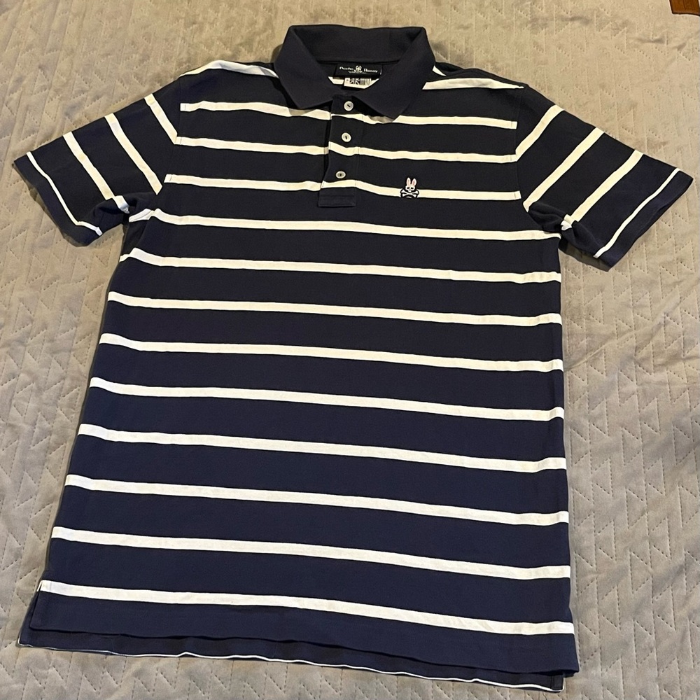 Psycho Bunny striped polo shirt mens size 6‎ large NWOT blue/white